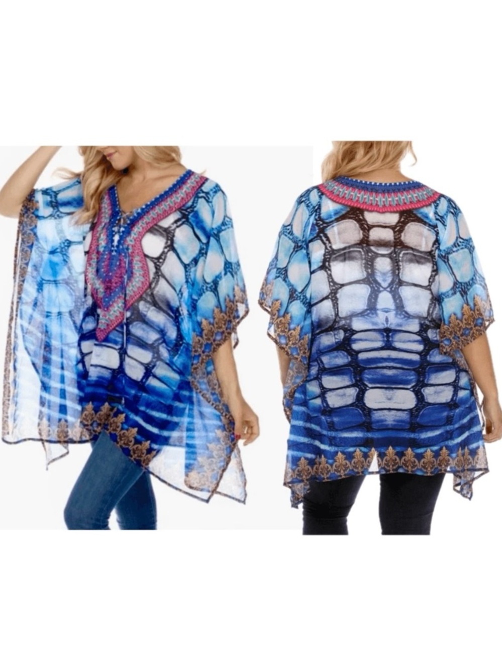 NWT WHITE MARK Gorgeus Blue White Sheer Caftan Kaftan Coverup Lightweight Poncho